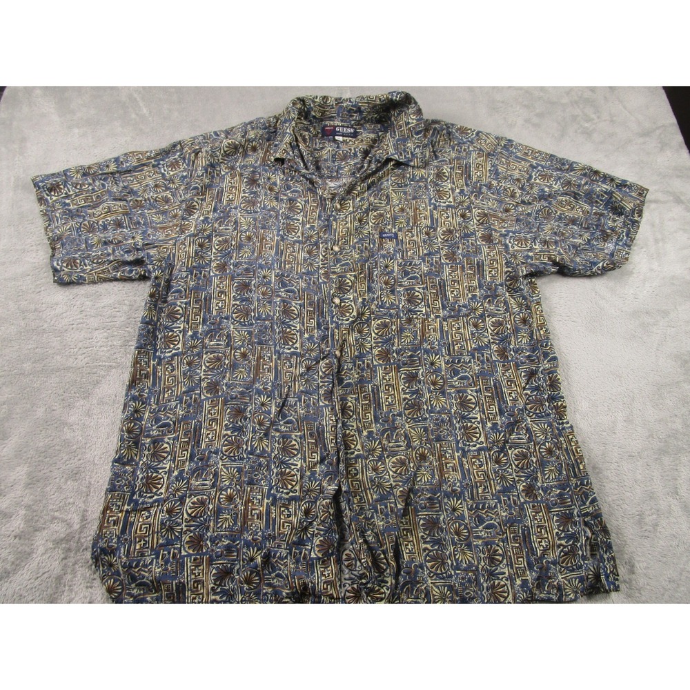 Vintage Guess Shirt Mens XL Blue Geometric Loop Collar Button‎ Up 80s